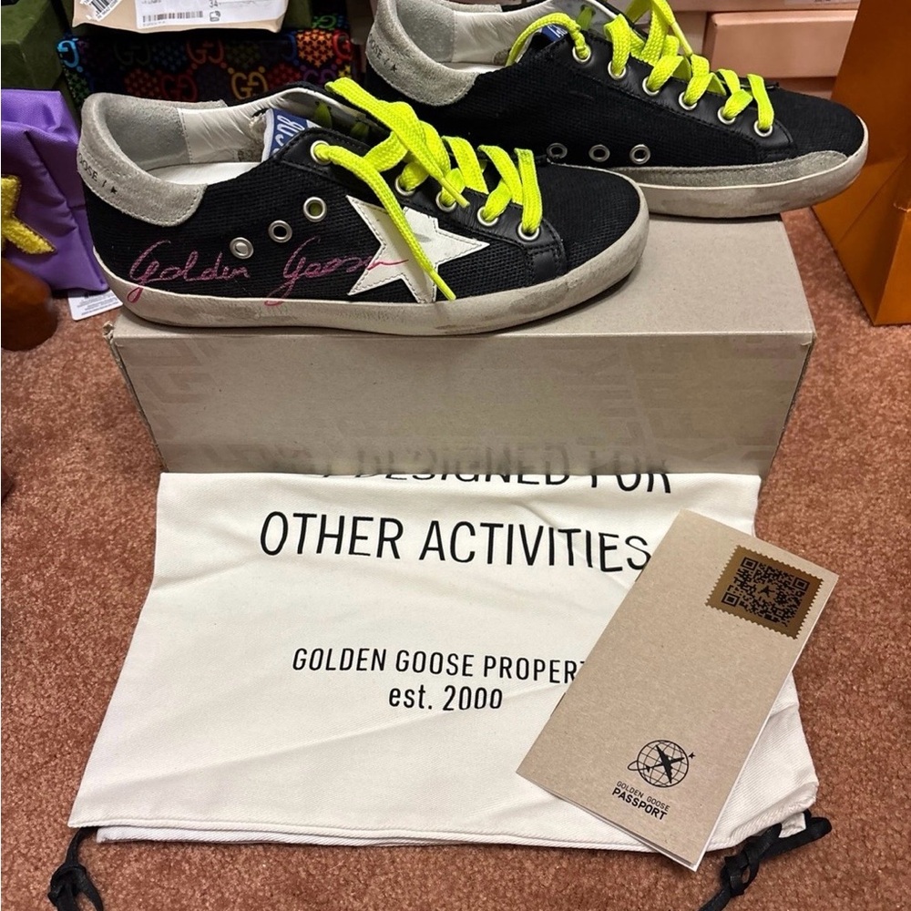 Golden Goose Black Canvas Low-Tops with Neon Yellow Laces